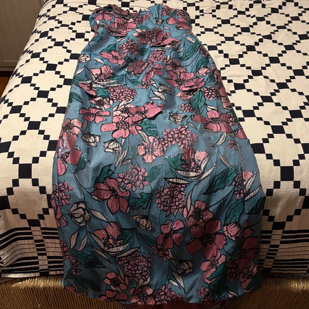 Rene Ruiz Strapless Dress in Blue and Pink Floral
